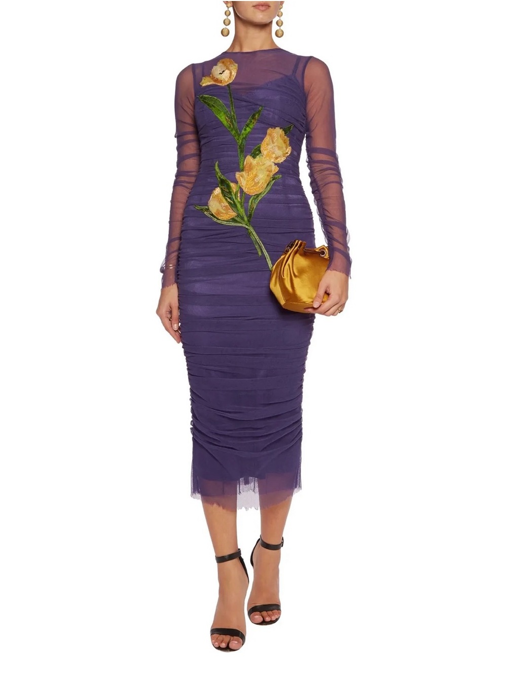 Dolce & Gabbana Purple Midi Dress with Yellow Floral Appliqué, Italy Size 44